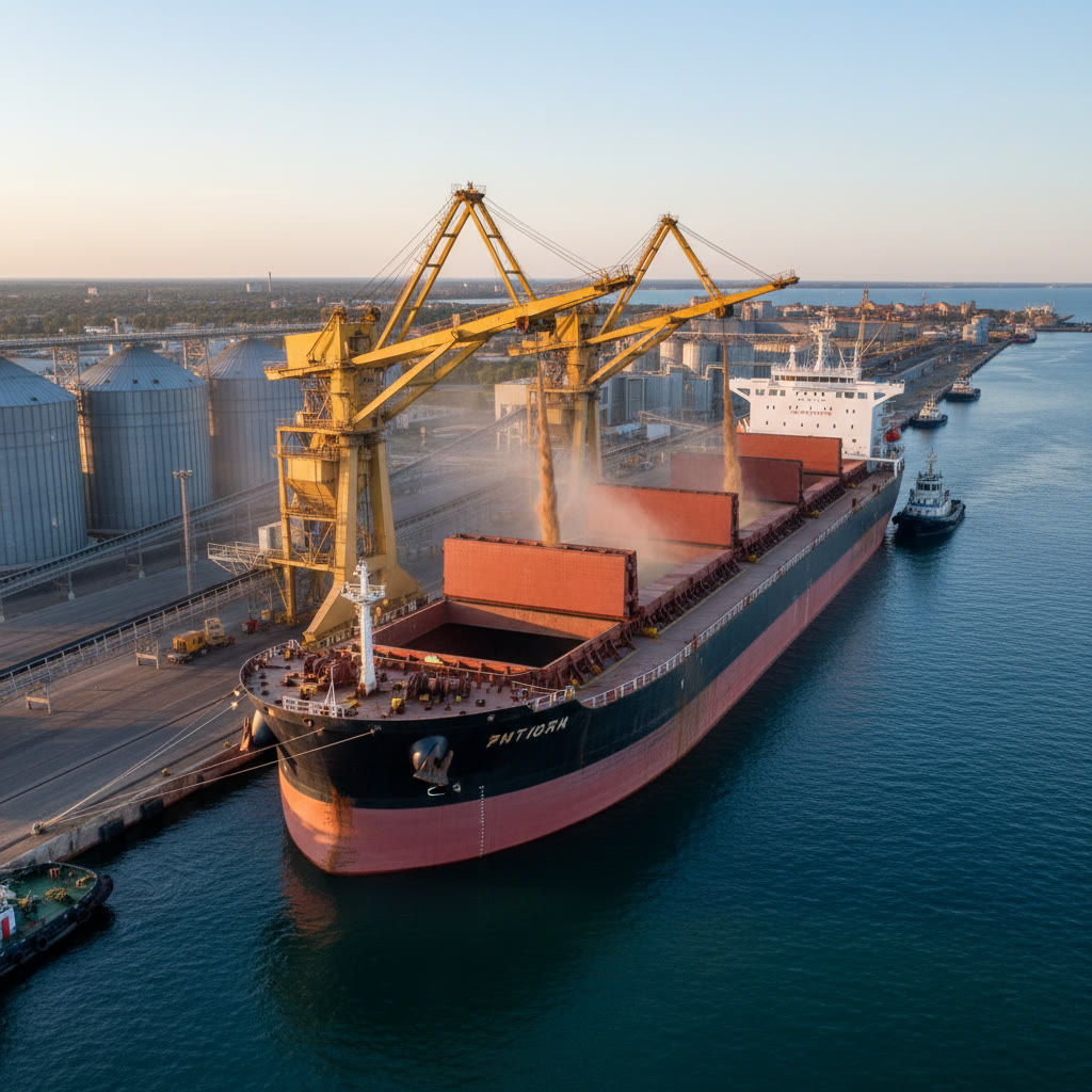 Bulk cargo vessel loading agricultural commodities at port